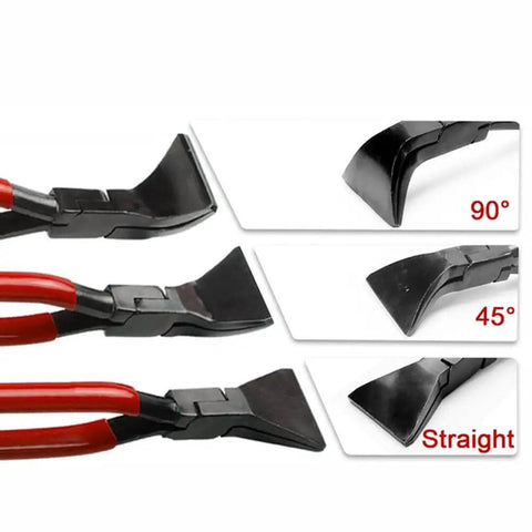 Folding Pliers Set For Sheet Metal Bending And Straightening Three Piece Nonslip Handle Pliers showing 45, 90, straight bend angles.