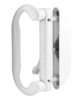 Side view of Diecast White Patio Door Handle Set With Square Drive Center Lever Non Keyed Fits Roto And Similar Doors Reversible Handles