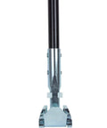 Close-up of 60 inch fiberglass dust mop handle with clip on jaw clamp connector for quick attachment in commercial janitorial use, purple.