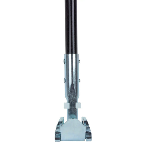 Close-up of 60 inch fiberglass dust mop handle with clip on jaw clamp connector for quick attachment in commercial janitorial use, purple.