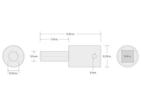 Diagram of Three Eighths Inch Drive Hex Impact Bit Socket 12 Millimeter showing dimensions and two-piece design.