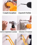 Installation steps for Slick Flip Up U Shaped Stair Handrail Wall Mount Railing For Steps with easy mounting guide.