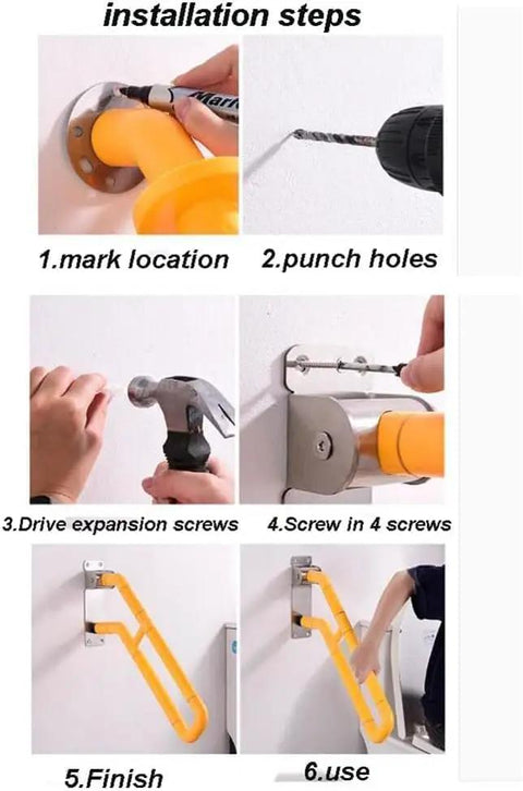 Installation steps for Slick Flip Up U Shaped Stair Handrail Wall Mount Railing For Steps with easy mounting guide.
