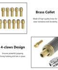 16Pcs Drill Chuck Collet Set showcasing 11 brass collets and a 4-claw design for secure bit gripping in rotary tools.