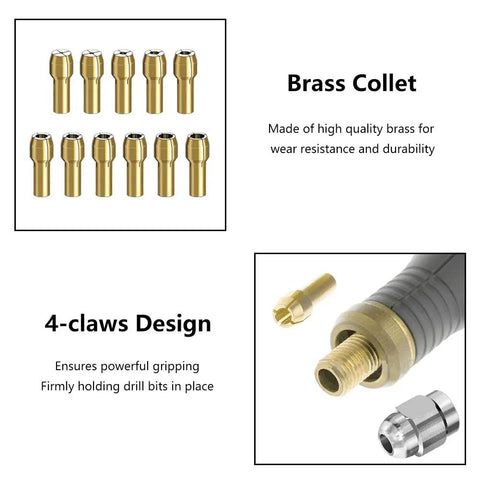 16Pcs Drill Chuck Collet Set showcasing 11 brass collets and a 4-claw design for secure bit gripping in rotary tools.