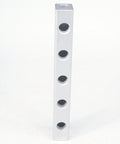 G1 4 Inch BSP Port Pneumatic Manifold Block standing vertically, 5 Way 7 Port Aluminum Splitter, solid aluminum construction