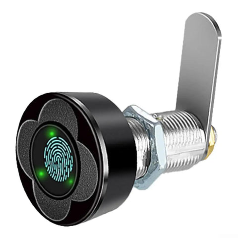 Heavy Duty Smart Biometric Drawer Lock With Tough Aluminum Body Lightning Half Second Keyless Entry For Bedside Tables And Storage Cabinets No Sweat Setup Secures Twenty Fingerprints In Matte Black close-up view of fingerprint scanner.