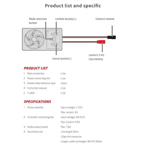 Diagram and product list for Dope Realistic Engine Sound System For RC Cars With 58 Sounds All In One Fit For One Tenth Scale Crawlers
