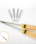 Wooden handle barbecue skewer sticks with five interchangeable metal tips, grilling tool set image.