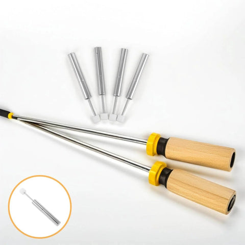 Wooden-handled tools with metal shafts and four silver attachments for interchangeable use.