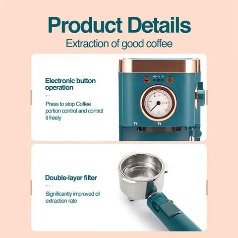 Deluxe Home Espresso Machine With Built-In Milk Frother, Semi-Auto Coffee Maker For Cappuccino And Latte, front view, blue