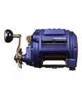 Electric Fishing Reel Built For Big Catches, Beast Mode Power in blue, lightweight yet rugged, with gold handle, side view