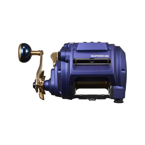 Electric Fishing Reel Built For Big Catches, Beast Mode Power in blue, lightweight yet rugged, with gold handle, side view