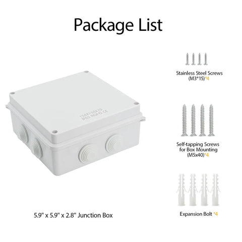 Rugged ABS Junction Box IP65 Waterproof Dustproof Enclosure, Universal Surface Mount Electrical Box White 5.9 x 5.9 x 2.8 Inches, package list