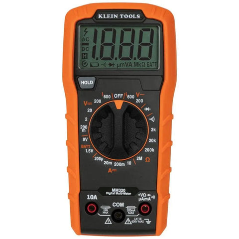Close-up of the Klein Tools digital multimeter, part of Must Have All In One Digital Multimeter Test Kit With Non Contact Voltage Tester Receptacle Tester And Test Leads 600V CAT III Safety Includes Batteries Measures AC DC Voltage Up To 600V 10A DC 2 Mega Ohms Diodes Continuity.