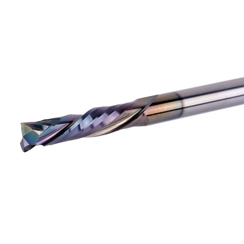 SpeTool UP&Down compression router bit, 1/4 in shank, 1-1/4 in cutting length, carbide spiral with TAC coating close-up
