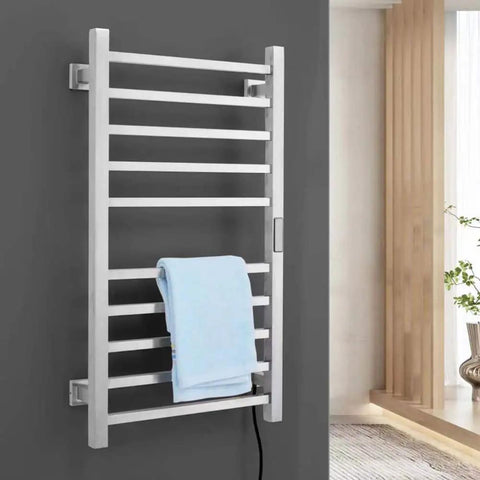 6 Bar Electric Heated Towel Rack Wall Mount Plug In Towel Warmer With Brushed Finish Timer Control on dark wall with blue towel