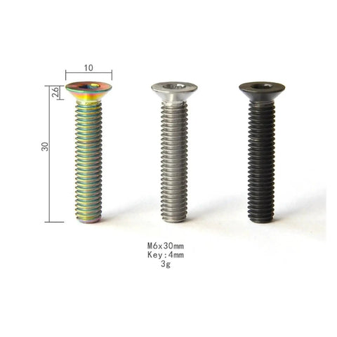 Bombproof Grade Five Titanium Alloy Bicycle Headset Top Cap Bolt M6x30 showing three screws in different colors and sizes.