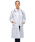 Person wearing White Unisex Lab Coat For Med Pros Durable Knee Length Cotton Poly Coat For Doctors Nurses And Lab Technicians Keeps Scrubs Protected Professional Fit
