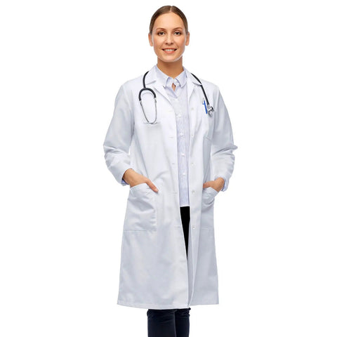 Person wearing White Unisex Lab Coat For Med Pros Durable Knee Length Cotton Poly Coat For Doctors Nurses And Lab Technicians Keeps Scrubs Protected Professional Fit