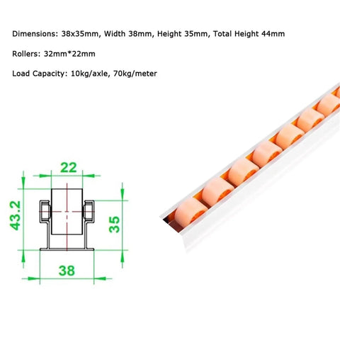 Heavy Duty Rail Conveyor Wheel Set For Pallets And Cargo, Aluminum Alloy Flow Rails With Adjustable 1m Length diagram