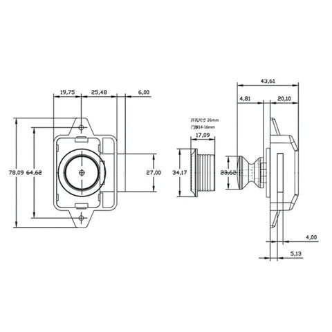 Technical drawing of Push Button Latch Three Pack For Campervan Cabinets And Drawers Easy Press Release Cabinet Lock Kit