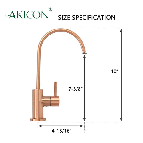 One Handle Black And Rose Gold Drinking Water Filter Faucet Purifier For Cold Water Only with dimensions shown in copper