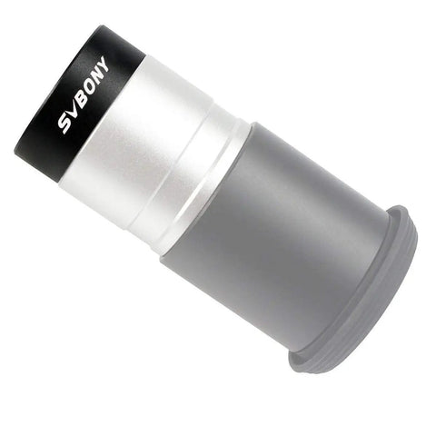 0.5x Telescope Focal Reducer For 1.25 Inch Eyepieces With M28x0.6 Threads On Both Sides in silver and black, angled view