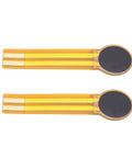 Two pieces of flexible thin-film pressure sensors with circular black sensing pads on yellow/orange film, front view.