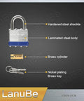 Keyed Alike Laminated Steel Padlock Set One And Nine Sixteenth Inch Wide Body With Normal Shackle Blue Marked Pack Of 24 Padlocks Includes 48 Keys One Key Fits All Locks, showing steel shackle and body, brass cylinder and key.