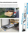 Heavy Duty Drawer Slides With Full Extension Ball Bearing Rails And Quick Release Levers For Running Dead Slick On Custom Cabinetry in a three-section layout showing full extension.