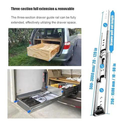 Heavy Duty Drawer Slides With Full Extension Ball Bearing Rails And Quick Release Levers For Running Dead Slick On Custom Cabinetry in a three-section layout showing full extension.