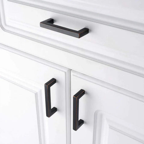 Oil Rubbed Bronze Solid Square Bar Cabinet Handle Pull 3 Inch Center To Center 25 Pack on white cabinet doors