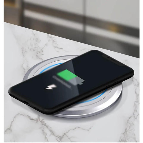 Slick Kitchen Retractable Pop Up Outlet Featuring Quick Easy Auto Electric Lift And Dual Usb Charging Ports Black Round Power Station For Modern Home Offices with smartphone charging.