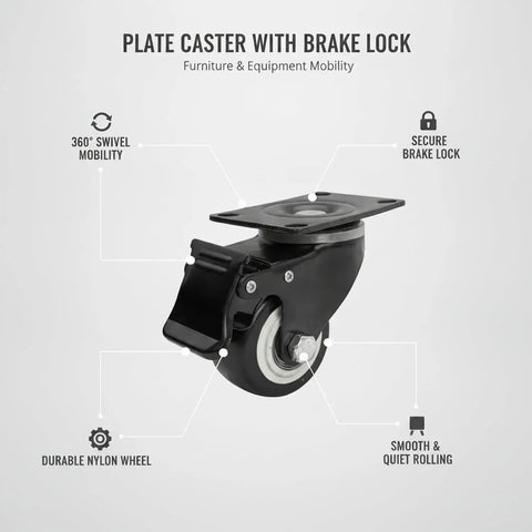 Easy Install Plate Caster With Brake Swivel Nylon Wheel for Smooth Furniture Mobility shown with features labeled