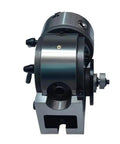 Heavy Duty Rock Solid Six Inch Semi Indexing Dividing Head With Three Jaw Tailstock Chuck for CNC milling, showcasing steel body and precision design.