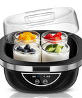 No Sweat Automatic Yogurt Maker With Four Leakproof Glass Jars, featuring yogurt in jars with fresh fruits, sleek design.