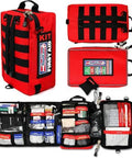 Red RapidCare 300+ piece first aid kit set; backpack-style kit with color-coded labels, travel pouch, and open organizer