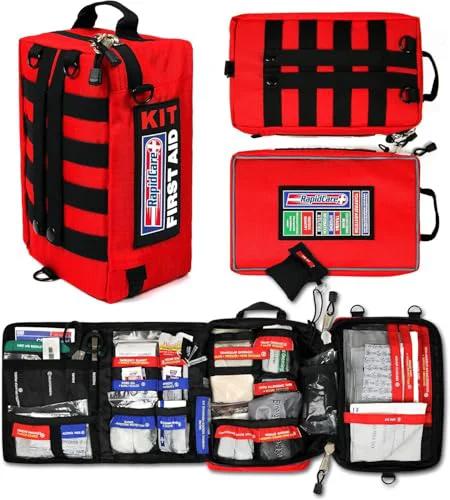 Red RapidCare 300+ piece first aid kit set; backpack-style kit with color-coded labels, travel pouch, and open organizer