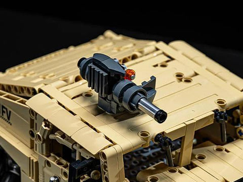 Technic RC Hummer kit with detailed armored design and turret, part of a 4WD off-road Mecanum wheel vehicle for all-directional drifting.