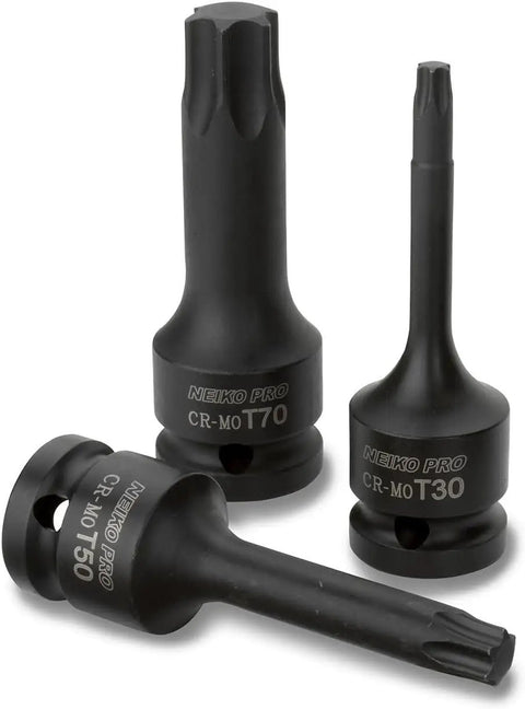 Half Inch Drive Torx Star Socket Set 8 Piece Long 3 Inch Length Cr Mo Impact Sockets From T30 To T70 Black Phosphate Finish