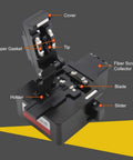 Pro Grade Ultra Precise FTTH Fiber Cleaver With 16 Cleaving Spots And 48000 Cleaves All In One Holder For 0.25mm 0.9mm 3.0mm Fiber Scrap Collector Automatic Blade Return Flat End Face Every Cleave, showing details of cover, gasket, tip, holder, fiber scrap collector, blade, slider.