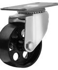 Heavy Duty 3 Inch Steel Swivel Caster Wheels With Flat Plate Mount No Brake High Gauge Iron Build Smooth Roll For Shop Carts Big Loads And Warehouse Gear Tough As Nails Hardware That Just Gets The Job Done side view of a swivel caster wheel with a flat plate and black iron wheel.