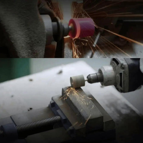 Close-up of Ten Piece Set Of Sixteen Millimeter Aluminum Oxide Mounted Grinding Stones in use on metal, showing sparks.