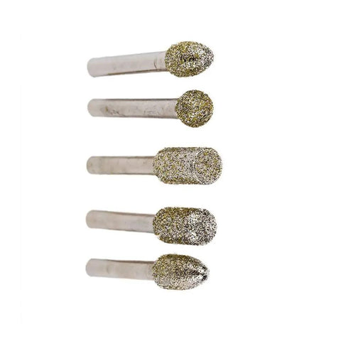 Close-up of five diamond burrs from the 20 Piece Diamond Burrs Set With One Quarter Inch Shank 120 Grit Diamond Carving Bits