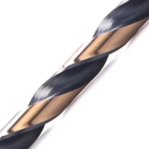 Close-up of 12 Pack Heavy Duty Black And Gold Coated Twist Drill Bits Three Sixteenth Inch Diameter M2 High Speed Steel