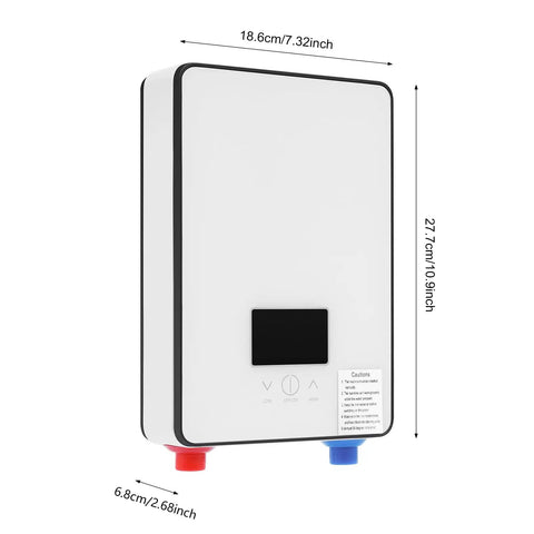Space Saving Electric Tankless Water Heater With 4500 Watt Element Serving Straight Up Instant Hot Water For Shower Kit, compact size, LED display.