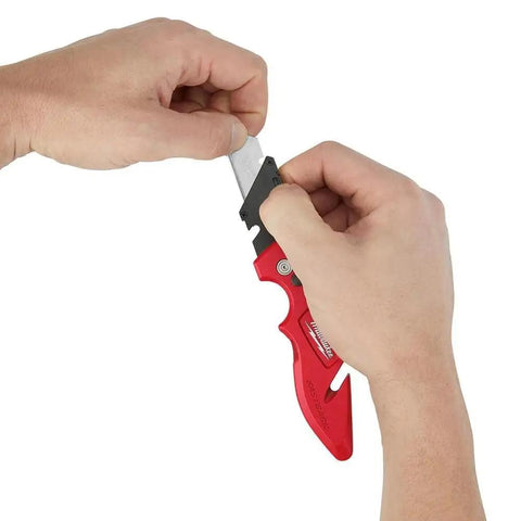 Fastback Press And Flip Utility Knife With Belt Clip And Onboard Wire Stripping Red Set Of 4 Durable Precision Cutting For Pros And Diyers Easy One Hand Deployment Safe Locking Blade With Comfortable Non Slip Grip being held with open blade