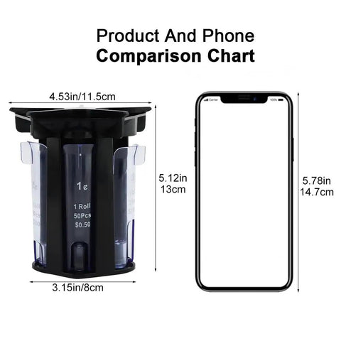 Product and phone size comparison of Easy Coin Sorter Tube Set With Wrappers, 5 in 1 Change Counter Machine, black and clear design.