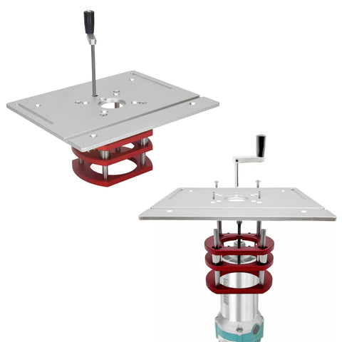 Top Shelf Router Lift Kit For Custom Woodworking Shops Featuring Slick Manual Crank Handle And Dead Precise Height Adjustment Tough aluminum and stainless steel plate with crank handle for 64 to 66 mm motors.